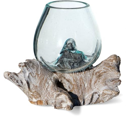 Wogeka - Handgefertigte Deko Glasvase – Ø 10 cm, Unikat Vase aus Glas auf Wurzelholz & Teak Holz – Mundgeblasen – Dekoholz & Naturprodukt für Tischdeko, Wohnzimmer, Balkon & Terrasse, XSw