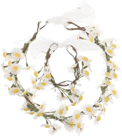 FONDOTIN Gänseblümchen Blumenkranz Armband Satz Verstellbarer Haarkranz aus Stoff Naturgetreues Design Leichtes Haaraccessoire für Damen Kopfschmuck für Hochzeiten Festivals und Alltag