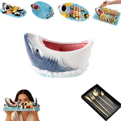Shark Charcuterie Board, 3 In1 Shark Sushi Plate with Dipping Sauce Bowl, Funny Handmade Ceramic Shark Taco Holder, Ndles Up to 1300°c Safely, Microwave, Oven and Dishwasher Safe