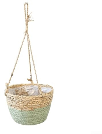 Cesto sospeso intrecciato da 20 cm, in corda di canapa, vaso per piante per interni ed esterni, cesto per fiori marrone naturale con corda robusta, per decorazione giardino e patio (verde)