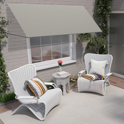 PEILU 400x145cm Fallarmmarkise Ausziehbare Markise aus 180g/m² Polyester & Aluminiumrahmen, Sonnenschutzmarkise mit Kette & Stützstange, Wetterfest Außen Wandmarkise für Balkon Fenster (Grau)