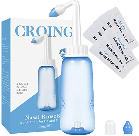 CROING 𝙉𝙖𝙨𝙚𝙣𝙨𝙥ü𝙡𝙪𝙣𝙜 -80 x Salz +1 x Nasendusche Flasche (300 ml)- Neti Pot, Nasenspülung, Nasenreinigung, Nase Spülen Erwachsene, Nasenspülkanne