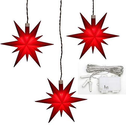 ***3er Set Weihnachtssterne aus Kunststoff in rot, inkl. LED Beleuchtung und 6h Timer, für Batteriebetrieb, für Innen und Außen geeignet. Maße je Stern L/B/H: 13,5 x 5,5 x 12 cm.
