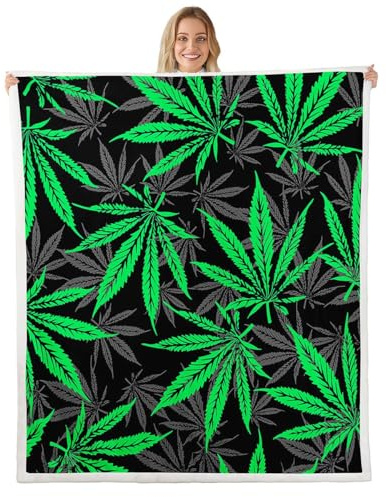 Feelyou Cannabis Leaves Sherpa Blanket Marijuana Leaf Fleece Throw Blanket for Kids Adults Marijuana Weed Green Leaf Hemp Botanical for Sofa Bed Couch,Twin 60x80 Inch
