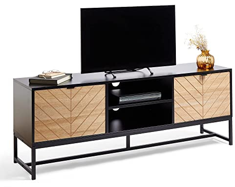 VonHaus Black TV Unit - Chevron TV Stand Cabinet for Living Room | Light Wood Effect - For TV's up to 65 - Industrial Entertainment Unit Storage Cupboards & Shelving - 50kg Capacity - Dalton