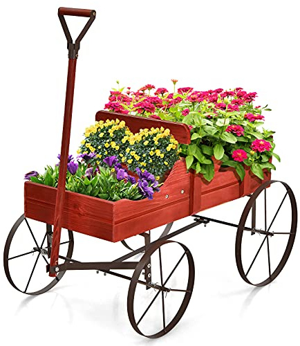 RELAX4LIFE Fioriera da Esterno a Forma di Carriola, 62x34x60cm, Fioriera in Legno di Abete con 4 Ruote e Maniglia Regolabile, Carriola Portafiori con Drenaggio per Giardino, Terrazzo, Max 15kg (Rosso)