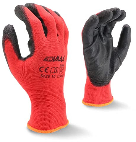 EDIMAX, Guanti da Lavoro, 12 Paia di Guanti, Taglia XL / 10, Resistenti all'Abrasione e Antitaglio Livello 3, Rivestiti in nylon PU, Versatile, Protezione Meccanica e Industriale