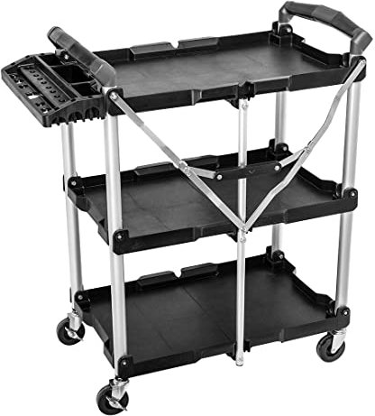 NEO TOOLS Carrello pieghevole, portata 75 kg, organizzazione utensili, 3 piani, quattro ruote mobili, due ruote con freno, struttura pieghevole, telaio in alluminio, serratura, maniglie bicomponenti