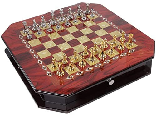 OLOTU tragbar Schach aus Metall, glänzend, Vintage-Vergoldung, Schachfiguren aus massivem Holz, hochwertiges professionelles Schachspiel, Schachbrett Lustig