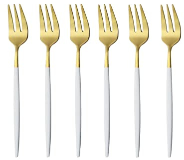 Lot de 6 fourchettes à thé en acier inoxydable pour fruits, salade, dessert, gâteau, blanc et doré