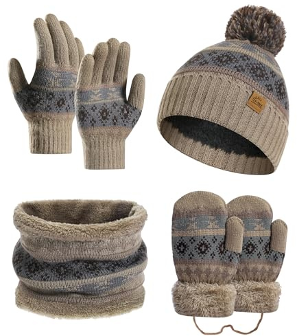 LAUSONS Juego de gorro y bufanda para niños 4 en 1, gorro cálido de punto, gorro de pompón, manoplas y bufanda tubular con forro polar para 3 – 8 años, camel, 3-8 años
