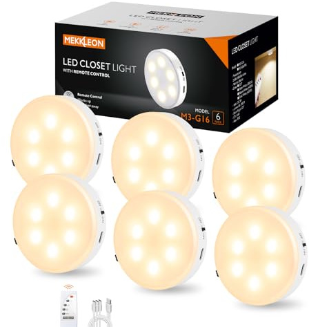 MEKKLEON Schrankbeleuchtung Unterbauleuchte Küche mit fernbedienung,vitrinenbeleuchtung kabello,USB Wiederaufladbares,3Pack LED Beleuchtung mit Klebepads für Schlafzimmer (Warm White-6PCS)