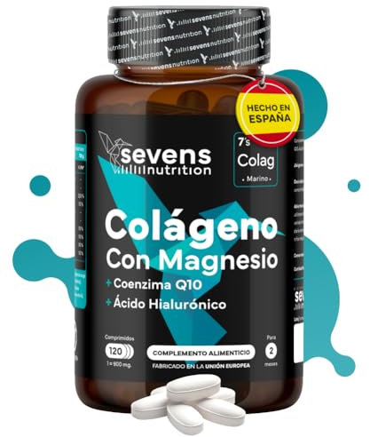 Colágeno con Magnesio Ácido Hialurónico y Coenzima Q10-120 Cápsulas - Colágeno Marino Hidrolizado Puro para Huesos, Articulaciones y Piel - Enriquecido con Vitaminas A, C, D3, B12 y Zinc - Sevens