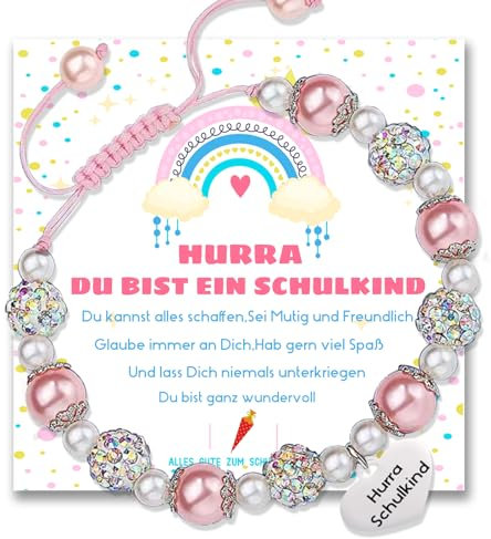 ENSTAB Einschulung Geschenk Mädchen Armband Schulanfang Mädchen Geschenk Schulkind Armband Karte mit Geschenkbox (Rosa-A)