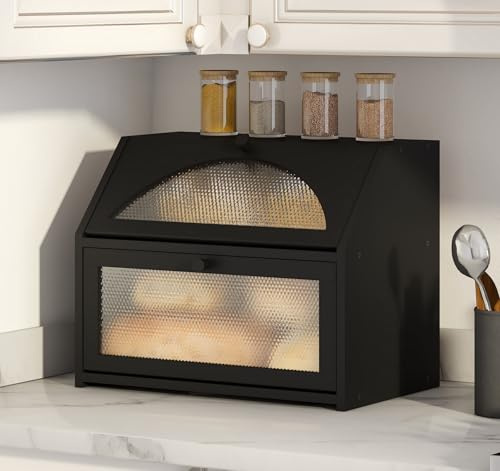 Vriccc Bread Box, Bamboo Wood Bread Box for Kitchen Counter, Double-layer Bread Storage Bin, Acrylic glass with Diamond Patterns (Black, Large)