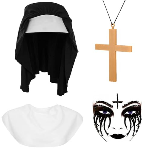 YUNHENTONG Nonnen Kostüm Zubehör, Nonnenkostüm Damen Accessoires Nonnen Kopfschmuck, Kragen, Kreuzanhänger, Kniestrümpfe, Strass Gesichtsaufnäher, für Halloween Damen Nonnen Rollenspiel