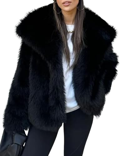 Yimoon Women's Cropped Faux Fur Jacket Lapel Open Front Shaggy Furry Coat 2024 Winter Warm Fluffy Overcoat(Black-M)