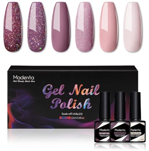 Madenia Gel Nail Polish Set: 6 Colours Lilac Taro Purple Pale Pink Glitter Nail Polish Set Soak Off UV/LED, Quick Drying Nail Varnish Nail Art DIY Manicure Salon & Home for Women, 8.5ML