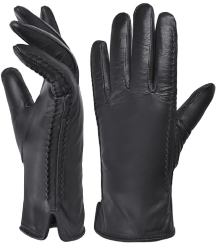 Harssidanzar Damen Winter Warmes Futter Lammfell Leder Handschuhe Touchscreen Texting Warme Fahrhandschuhe HL001EU,Schwarz, Größe L