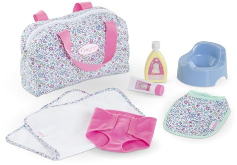 Corolle - Cofanetto accessori per pannolini floreali, 7 accessori, per bambole, 36 cm, dai 2 anni, 9000141810