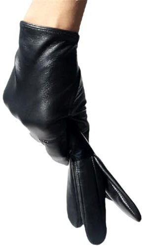 Damen-Handschuhe aus echtem Leder, weiches Ziegenleder, dünn, warm, Winter, Touchscreen, kurze Handgelenk-Fahrhandschuhe, Schwarze Seide, 46