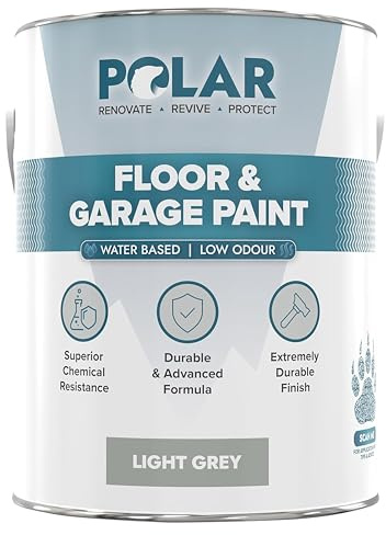 Polar Floor & Garage Paint Light Grey, 5 Litres - Water Based, Solvent Free - Ideal for Garages, Warehouses & Concrete Floors - Hard Wearing & Slip Resistant, Mid-Sheen Finish, Interior & Exterior Use | Hard Wearing Water-Based Concrete Floor Paint, Slip Resistant, Mid-Sheen, Garages and Warehouses, Up to 60 Sq M per 5L