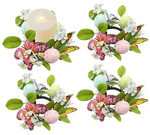 Ostereier-Kerzenringe, Kranz, 7,6 cm, Federkerzenringe, Mini-Kranz mit Eukalyptus, farbige Eier und Schmetterlinge, Osterdekorationen für Zuhause, Küche, Esstisch, 4 Stück