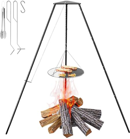 DPZM Campfire Tripod for Cooking, Campfire Cooking Equipment, Round Grill Grate with Adjustable Height for BBQ Picnic Outdoor Cookware Party & Collapsible Legs for Easy Storage
