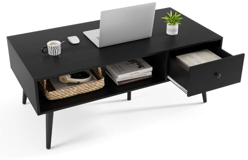 LIFEZEAL Tavolino Salotto, Tavolino da Caffè, da Divano, con 1 Cassetto, 1 Scomparto, per Soggiorno, Moderno, Basso, Salvaspazio, in Legno, Metallo, Montaggio Facile, Max 90kg, 109x55x39,5cm, Nero