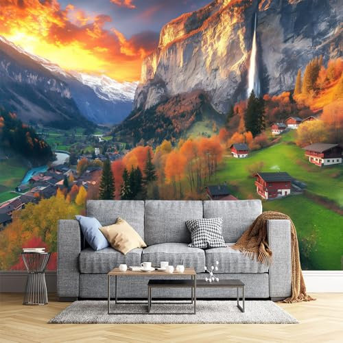Sonnenuntergang Berge Fototapete - Herbst Grasland - Größe 300X210Cm (Breite X Höhe) Wandtapete Tapete, Wandbild Wandtattoo Dekoration - Tapete, Kinderzimmer, Kindertapete