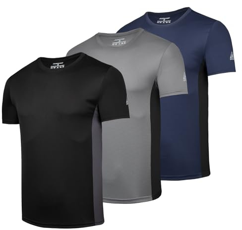 AMZSPORT Magliette Sportive da Uomo, Confezione da 3/5 Magliette a Maniche Corte Traspiranti e ad Asciugatura Rapida per Corsa, Allenamento, Fitness, Nero-Grigio-Navy M