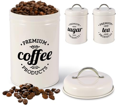 Jasfyee Tea Coffee Sugar Canisters, Kitchen Food Storage Containers with Easy to Open Airtight Lids and Handle, Storage Tin for Your Biscuit, Cookies and Other Sweet Treats