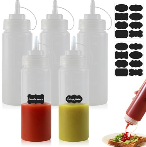 FYting Squeeze Flasche,5 Stück Quetschflasche 350ml,Saucenflasche(12 OZ) | with 2 Scale,BPA Frei, Auslaufsicher, 2 Blättern von Etikettpapier, für Ketchup, Senf, Mayonnaise, OlivenöL