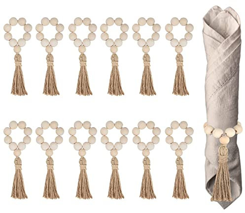 Lot de 12 Ronds de Serviette en Bois - Rond de Serviette Bohème avec Jute Tressée et Perles en Bois Poli - Ronds de Serviette Rustiques pour Noël, Mariages, Pâques et Décoration de Table de Style