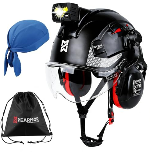 HEARMOR VOLTEK Hard Hat - CE EN397 Certified Industrial Safety Helmet with LED Headlamp, Visor & Ear Protection | For Forestry, Construction, Climbing | Breathable Adult Work Helmet