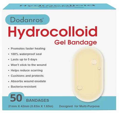 Dodanros Advanced Fast Healing Hydrocolloid Gel Bandages, Adhesive Wound Care Pads, 0.83 x 1.65 in, 50 Count
