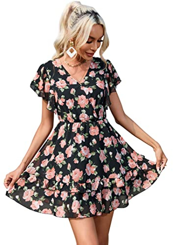 YesFashion Damen Sommerkleid Kurzarm Elegant Boho Blumenkleid V-Ausschnitt Mini Kleid Rüschen Strandkleid Freizeitkleider Schwarz XXL