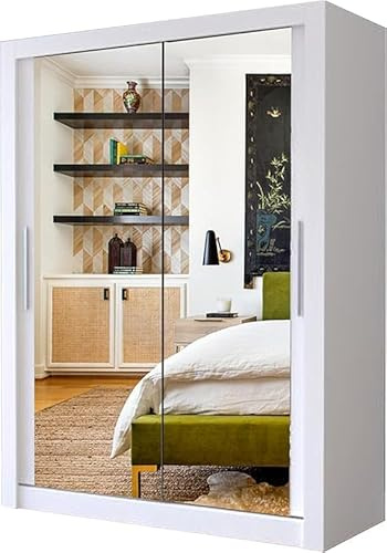 Modern Double Mirror Sliding Door Wardrobe100cm White Bedroom Storage with LED Light Space-Saving Wardrobe with Full Mirrors, Rails & Shelves Contemporary Flat-Pack Design (White, 100cm)