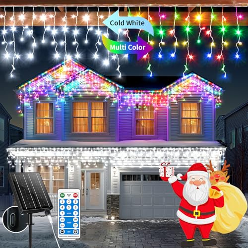 GCMacau 3 IN1 Solari Tenda Luminosa Esterno [20m + 5m], 660LEDs Luci Natale Esterno con 2500mAh Pannello Solare,Collegabili,8 Modalità,Luminosità Regolabile,IP65 [Bianco + Colore]