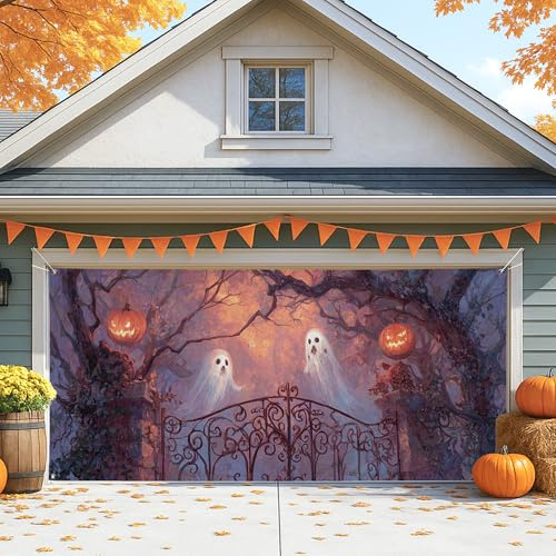 Spooky Ghosts - Cubierta para puerta de cochera con temática de Halloween, decoración de garaje grande, decoraciones de otoño al aire libre para fiestas de Halloween, 157 x 71 pulgadas