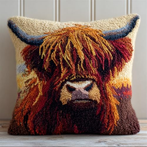 Taxpy Latch Hook Pillow Case Kits,Highland Cow 17X17Inch 3D DIY Latch Hook Cushion Cover Kit,Knitting Kits Cushion for Adults and Beginners Rug Making Kit for Starters