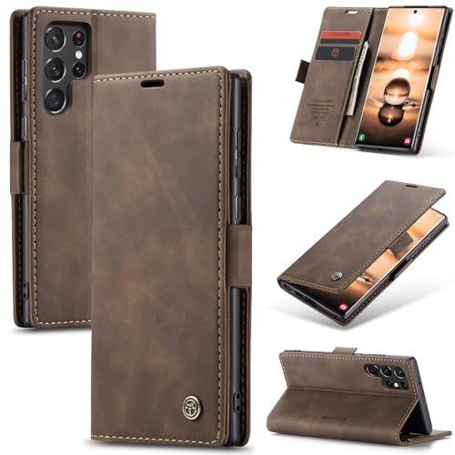 Samokor Handyhülle für Samsung Galaxy S22 Ultra 5G Magnet Leder Klapphülle | Premium Leder,Klappbar,Flip Case,Schutzhülle,Tasche,Kartenfach,Standfunktion,Stoßfest,Hülle für Samsung S22 Ultra,Kaffee