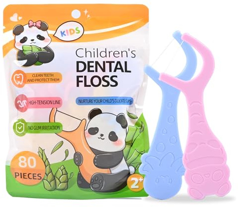80 Filo Interdentale Bambini per la Cura dei Denti - Dental Floss con 2 manici colorati a forma di animale per la Pulizia dei Denti per Rimuovere la Placca e i Residui di Cibo