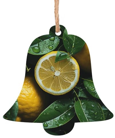 4 PCS Christmas Wooden Ornaments Hanging Fresh Lemon Christmas Tree Ornaments Bell Shape Rustic Xmas Wishes Tags Hanging Craft Label for Christmas Decoration Party Supplies