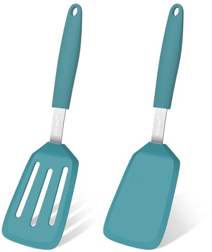 POTWIY 2 Pack Silicone Spatula Set, 600°F Heat Resistant Kitchen Spatula, BPA Free Solid & Slotted Turner, Flexible Cooking Utensils for Non Stick Frying Pan, Flipper for Eggs and Pancakes (Blue)