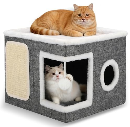 Cat House for Indoor Cats,Large Cat Cave Bed with Scratch Pad Fluffy Ball | Foldable Cat House cat hideaway with Cozy Condo, for Multi Small Pet, All Seasons. 43 cm (L) × 43 cm (B) × 32 cm (H)