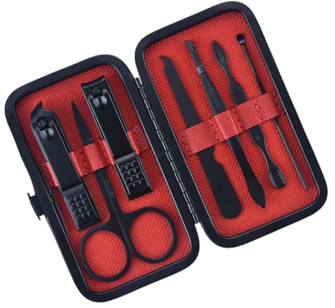 HONITANO Kit de Soin des Ongles en Acier Inoxydable 7 Pièces Taille Standard Coupe-ongles et Ciseaux Incurvés pour Hommes et Femmes Usage Quotidien Manucure Professionnelle Noire