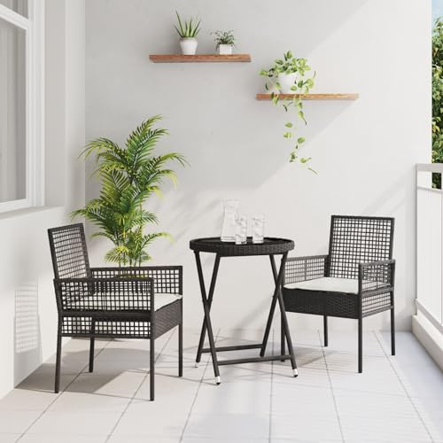 SKTQYQO Set Bistro da Giardino 3 Pezzi con Cuscini Rattan Nero, Tavolo e Sedie Pieghevoli per Esterno in Acciaio e Rattan Sintetico, 2 Posti, Design Resistente alle Intemperie