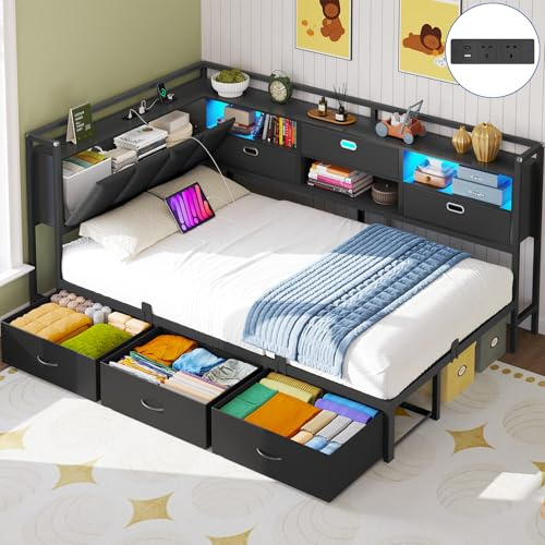 Brinlawb 3ft Single Bed Frame with 6 Storage Drawers, Charging Station(2 AC Ports 2 USB Ports) LED Lights, Single Daybed with Upholstered Headboard with Inner Storage, Sofa Bed Single Bed with Storage