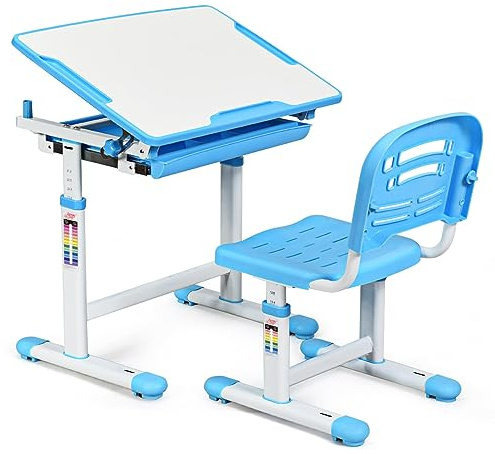 COSTWAY Scrivania per Bambini con Sedia, Tavolo Studio Regolabile in Altezza e Piano Inclinabile, Tavolo e Sedia Ergonomica in Materiali Sicuri per 3-14 Anni (Blu)